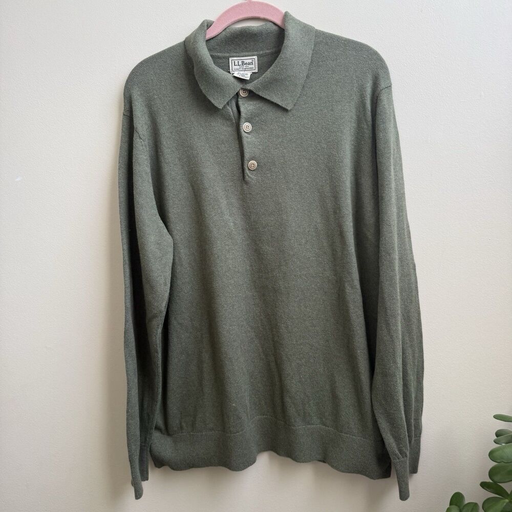 LL BEAN Green Long Sleeve Pullover Cotton Cashmere Henley Sweater Size Large